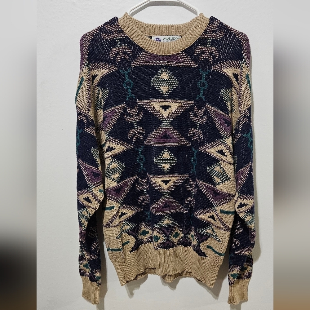 Wimbledon Collection By Racquet Club XL Sweater Knit Aztec Print Made In Usa B12